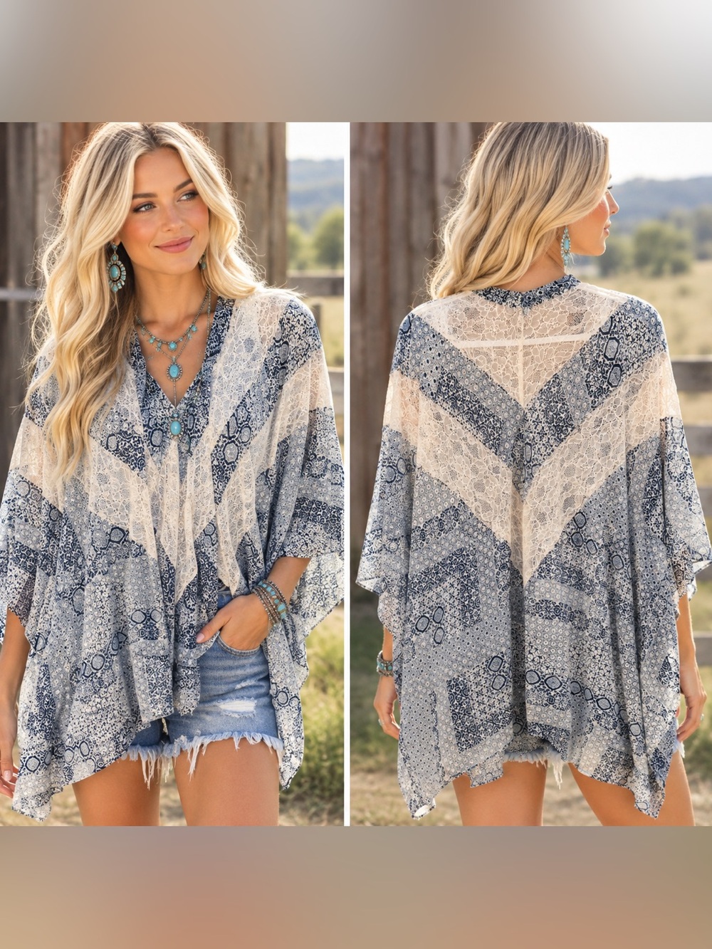 Abercrombie & Fitch Blue Bohemian Paisley Lace Kimono Poncho Cape One Size